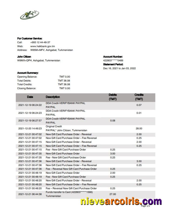 Turkmenistan HalkBank bank statement, Word and PDF format (.doc and .pdf)